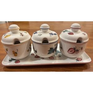 Villeroy & Boch Malaga Jam Pot Set with Tray 3 Lidded Jars Strawberry Blueberry